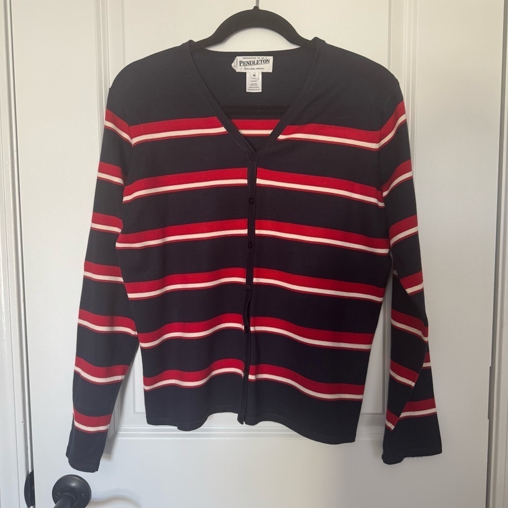 Pendleton Women’s Silk Blend Navy and Red Striped Medium Cardigan
